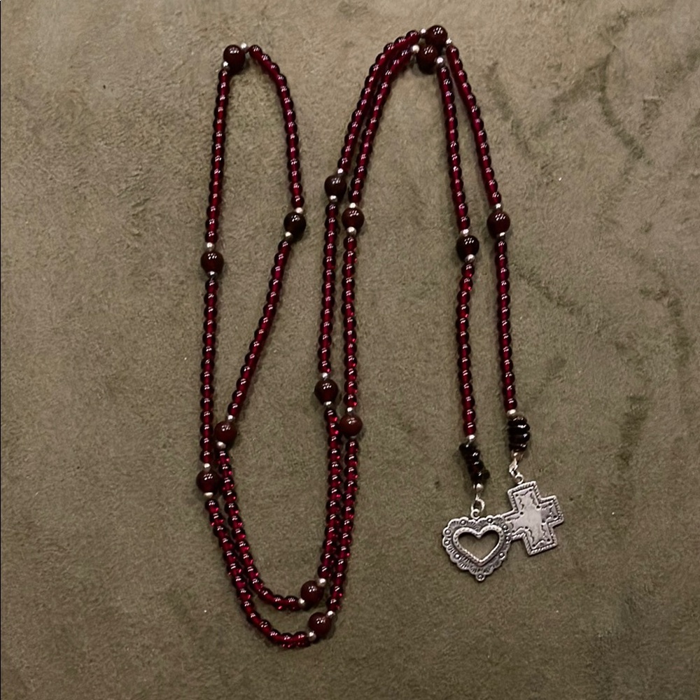 Silpada Sterling Charming Beaded (Garnet) Necklace with Heart and Cross Pendants